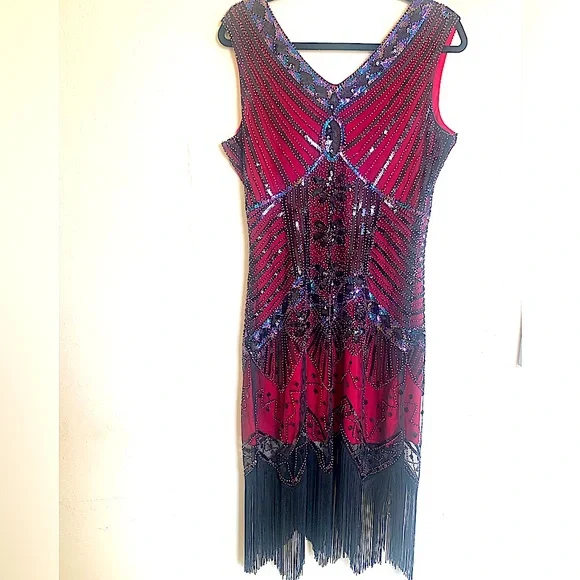 ZEAGOO 1920’s Flapper Dress-Size (10-12)/L-Dior Red/Blk - Picture 3 of 6